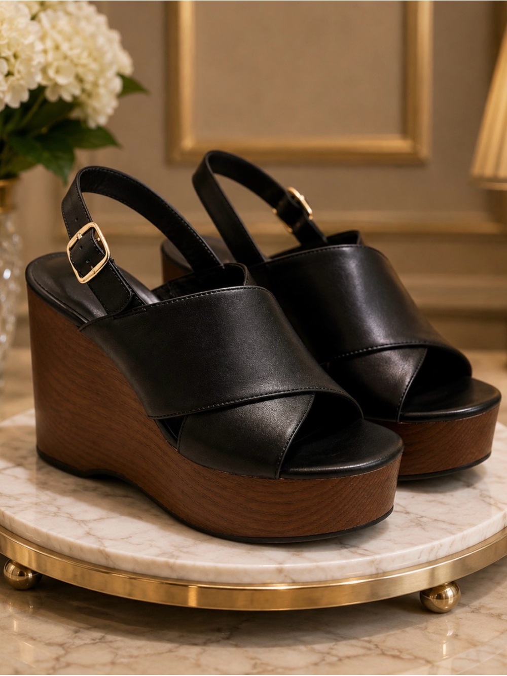 Universal Thread Black Leather Slingback Platform Wedges